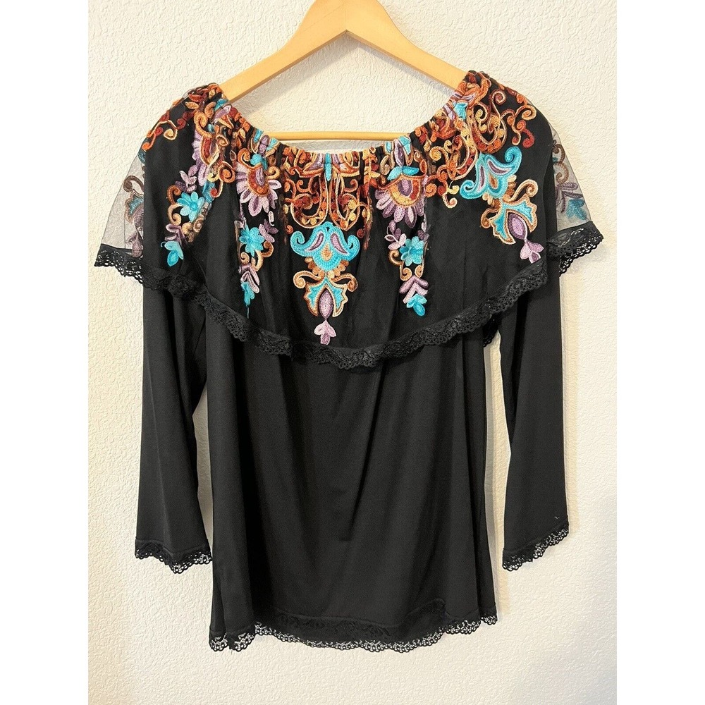 A.Z.I New York Off The Shoulder Blouse Stretch Embroidery 3/4 Sleeve Size XS